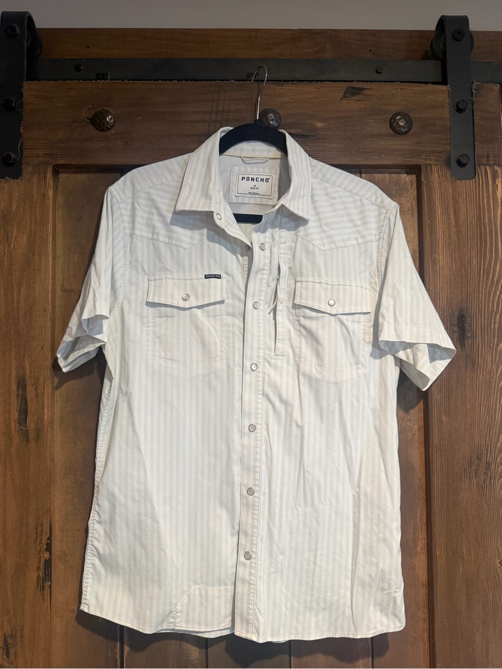 Poncho Men’s White and blue stripe Short-Sleeve western pearl snap Shirt